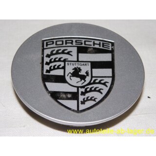Porsche Radzierdeckel Felgendeckel Briliantsilber rund konkav Wappen schwarz Neuwertig 9P16011478Z8 #6021